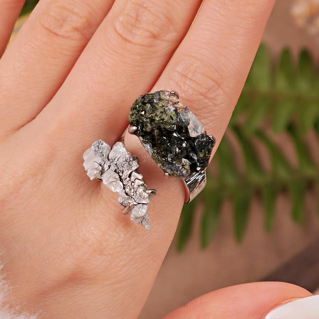 Raw Magnesium&Epidote Adjustable Ring – Natural Mineral Stone Ring, Handmade One of a Kind Jewelry-052