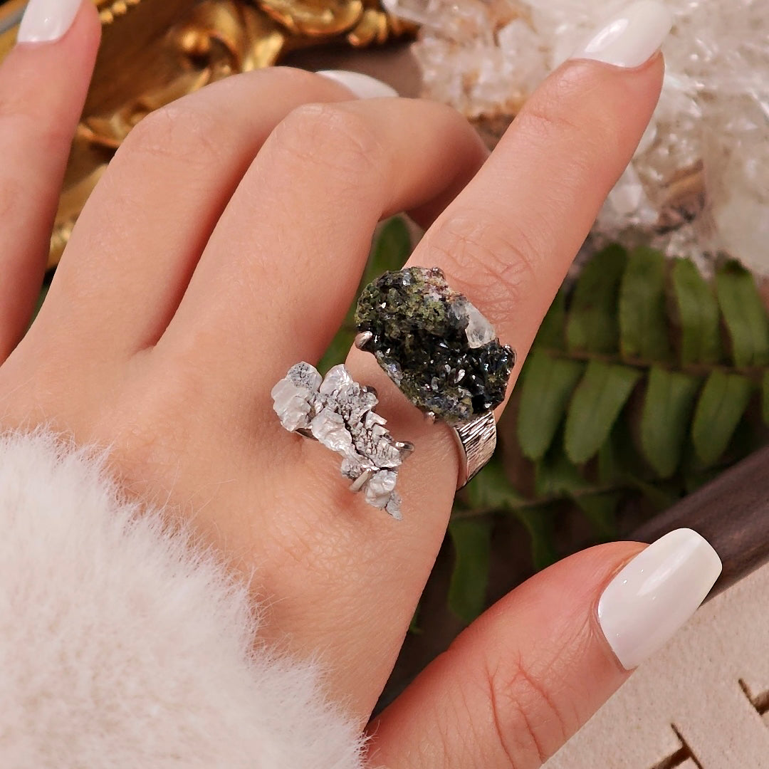 Raw Magnesium&Epidote Adjustable Ring – Natural Mineral Stone Ring, Handmade One of a Kind Jewelry-052