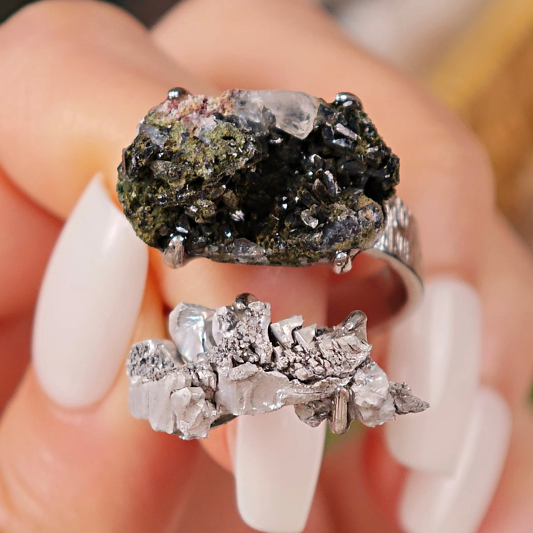 Raw Magnesium&Epidote Adjustable Ring – Natural Mineral Stone Ring, Handmade One of a Kind Jewelry-052