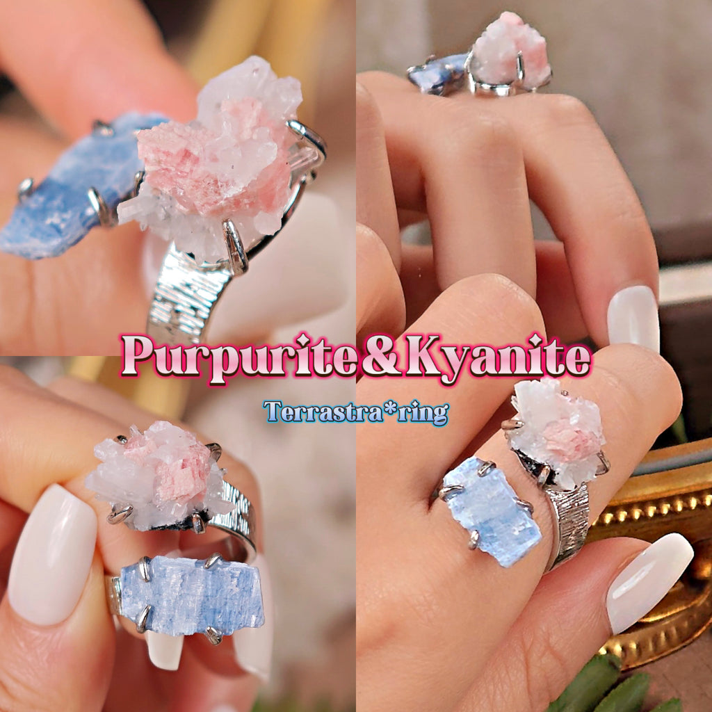 Raw Purpurite&kyanite Adjustable Ring – Natural Mineral Stone Ring, Handmade One of a Kind Jewelry-053