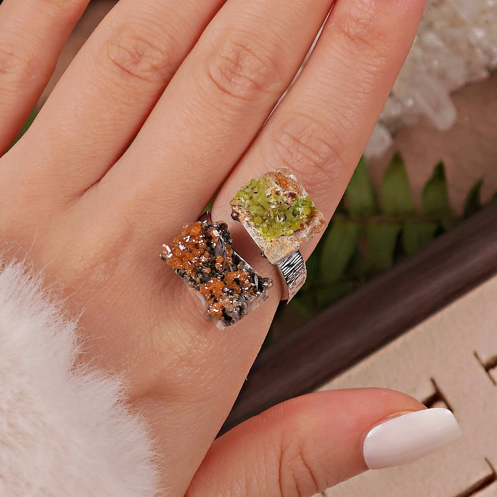 Raw Pyromorphite&Vanadinite Adjustable Ring – Natural Mineral Stone Ring, Handmade One of a Kind Jewelry-054