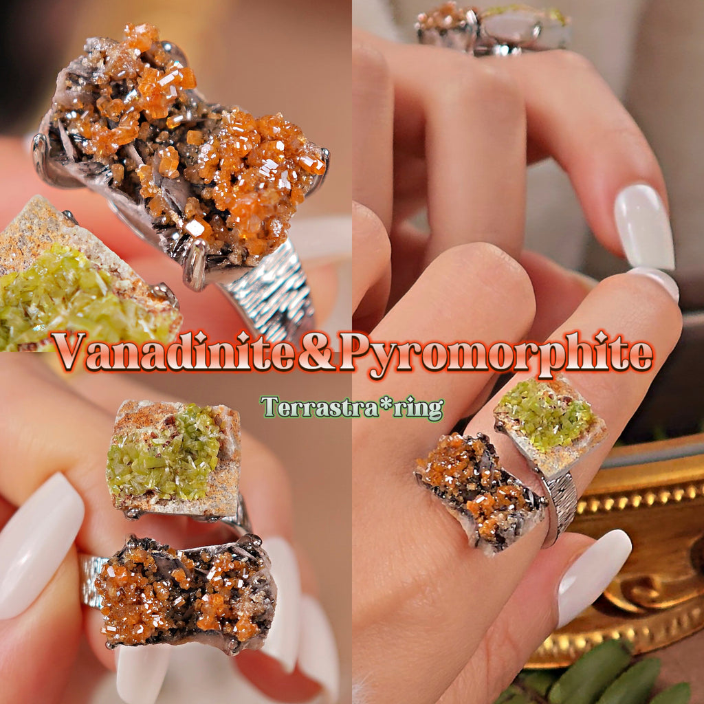 Raw Pyromorphite&Vanadinite Adjustable Ring – Natural Mineral Stone Ring, Handmade One of a Kind Jewelry-054