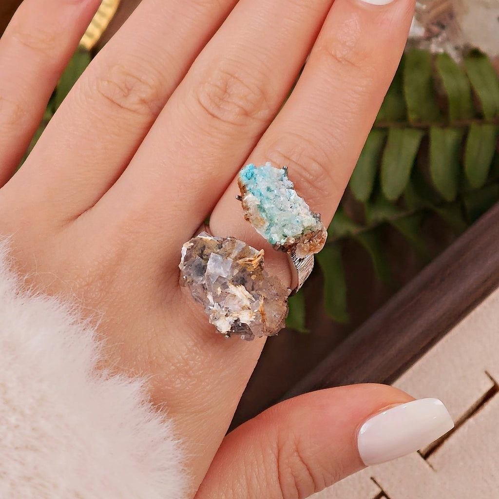 Raw Gibbsite&Barite Adjustable Ring – Natural Mineral Stone Ring, Handmade One of a Kind Jewelry-055