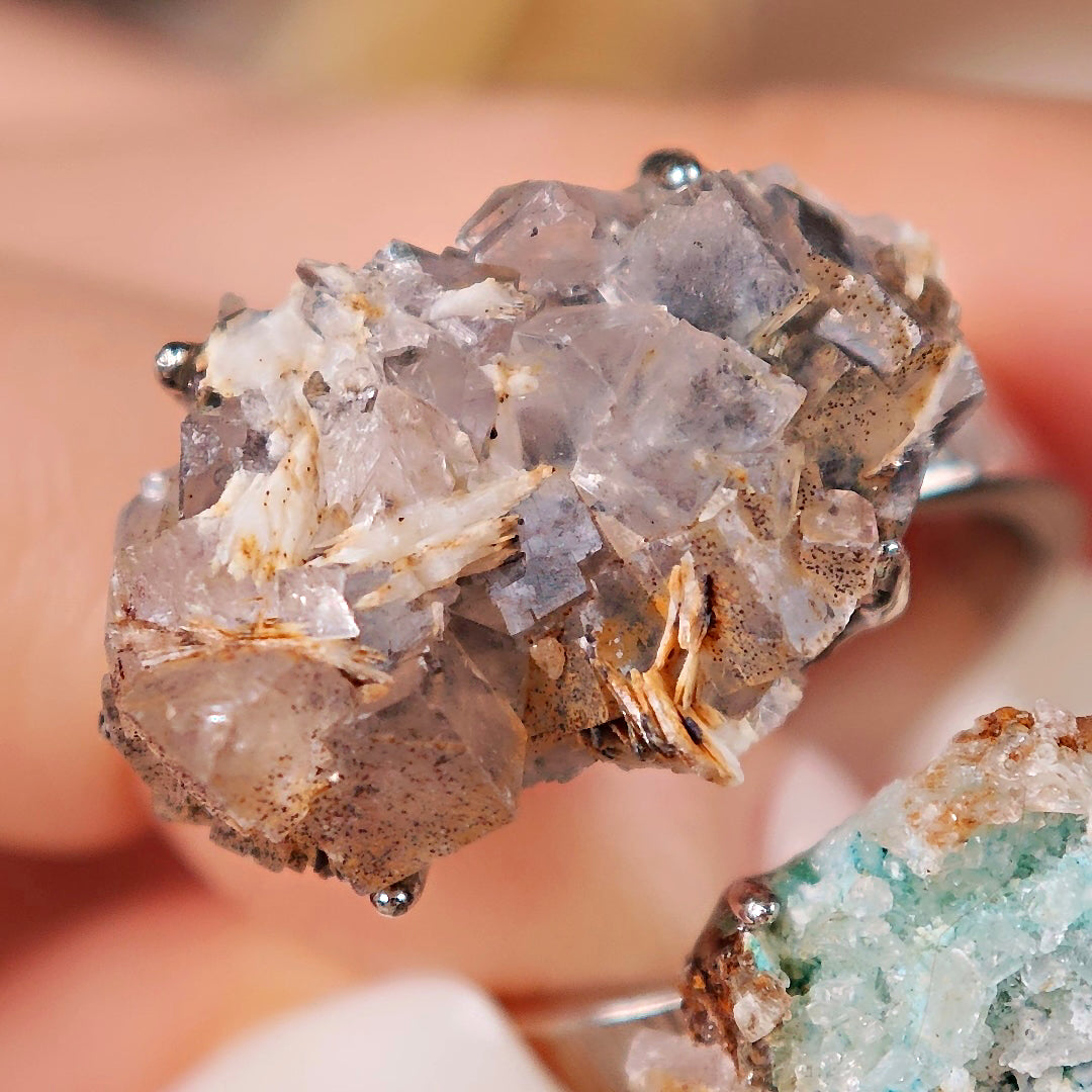Raw Gibbsite&Barite Adjustable Ring – Natural Mineral Stone Ring, Handmade One of a Kind Jewelry-055