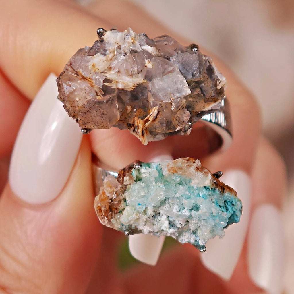 Raw Gibbsite&Barite Adjustable Ring – Natural Mineral Stone Ring, Handmade One of a Kind Jewelry-055