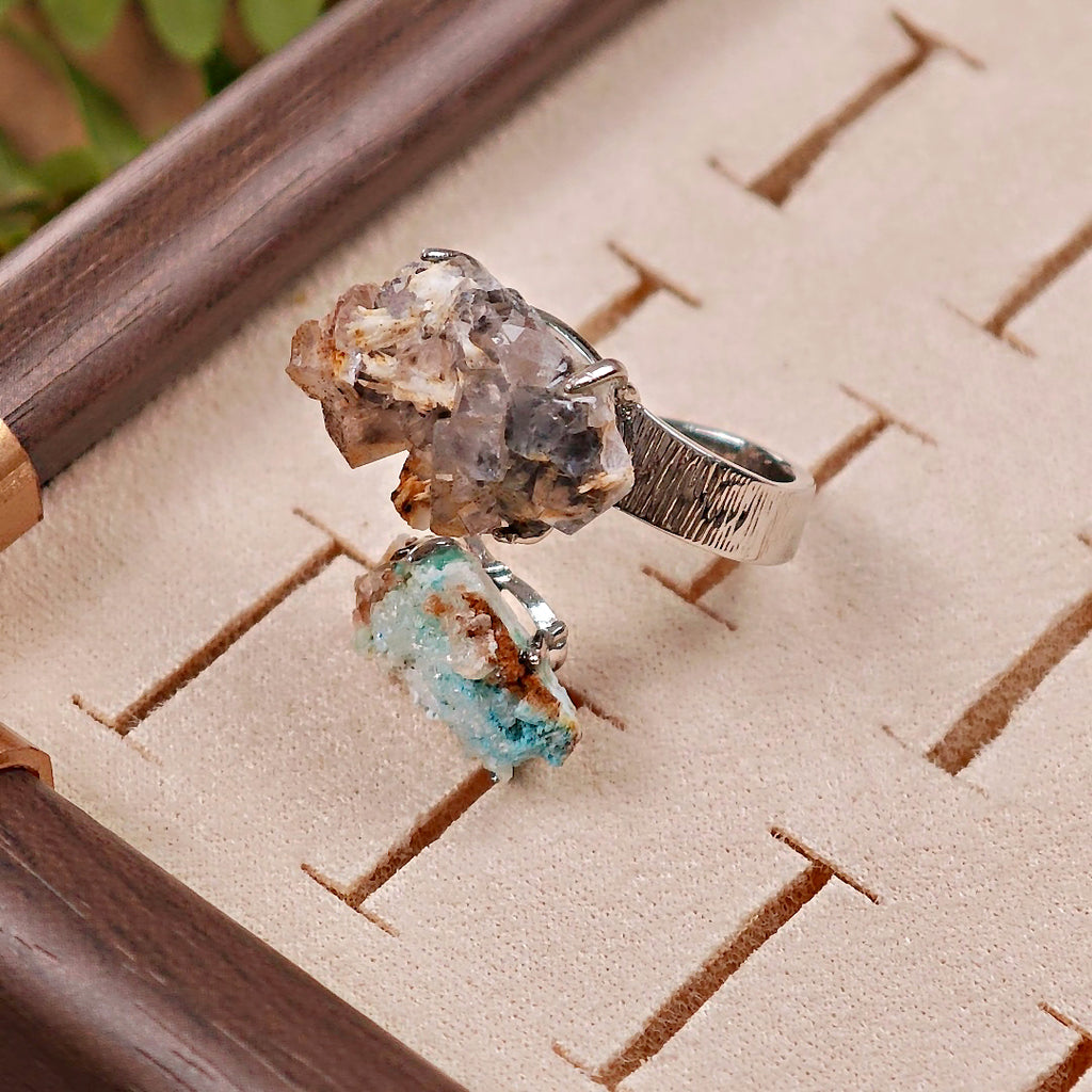 Raw Gibbsite&Barite Adjustable Ring – Natural Mineral Stone Ring, Handmade One of a Kind Jewelry-055