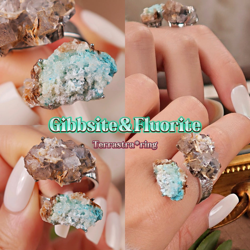 Raw Gibbsite&Barite Adjustable Ring – Natural Mineral Stone Ring, Handmade One of a Kind Jewelry-055