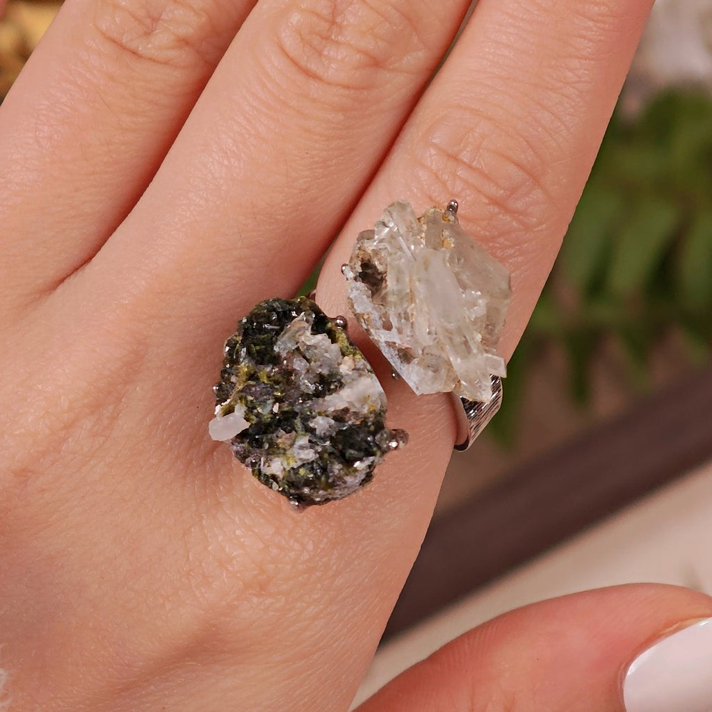 Raw Epidote&Crystal Adjustable Ring – Natural Mineral Stone Ring, Handmade One of a Kind Jewelry-056
