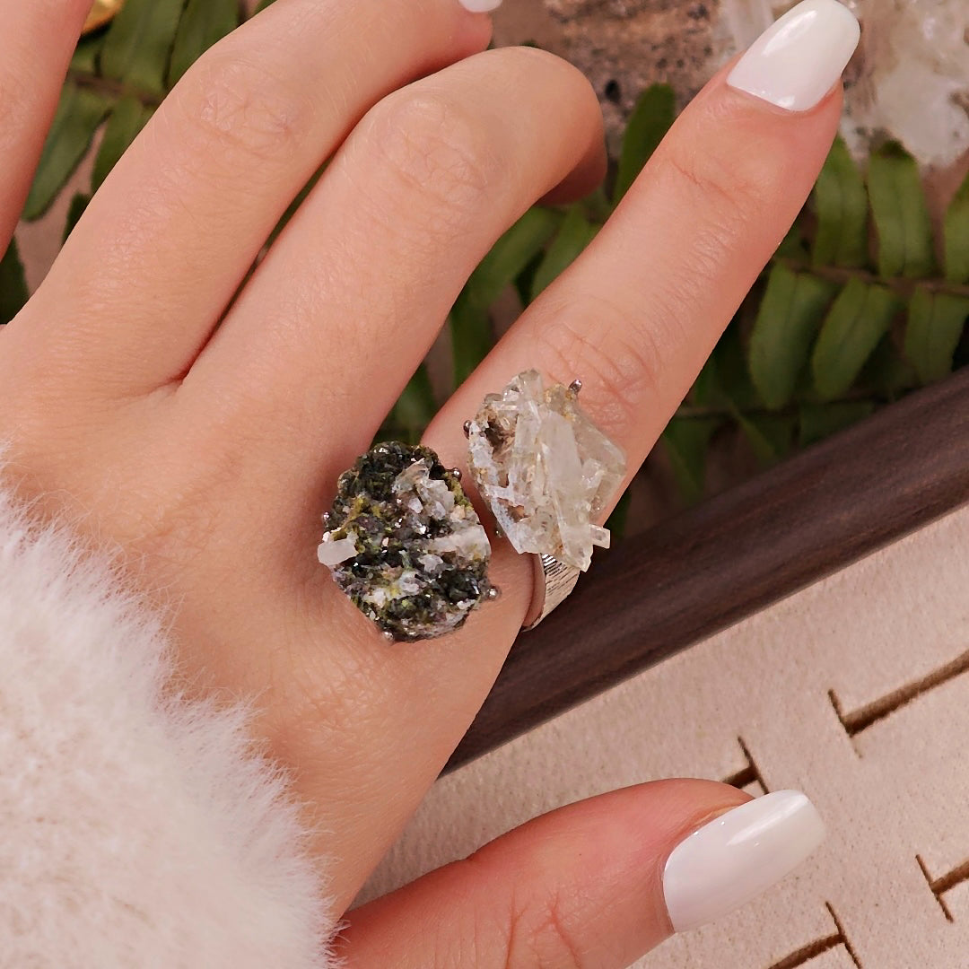 Raw Epidote&Crystal Adjustable Ring – Natural Mineral Stone Ring, Handmade One of a Kind Jewelry-056
