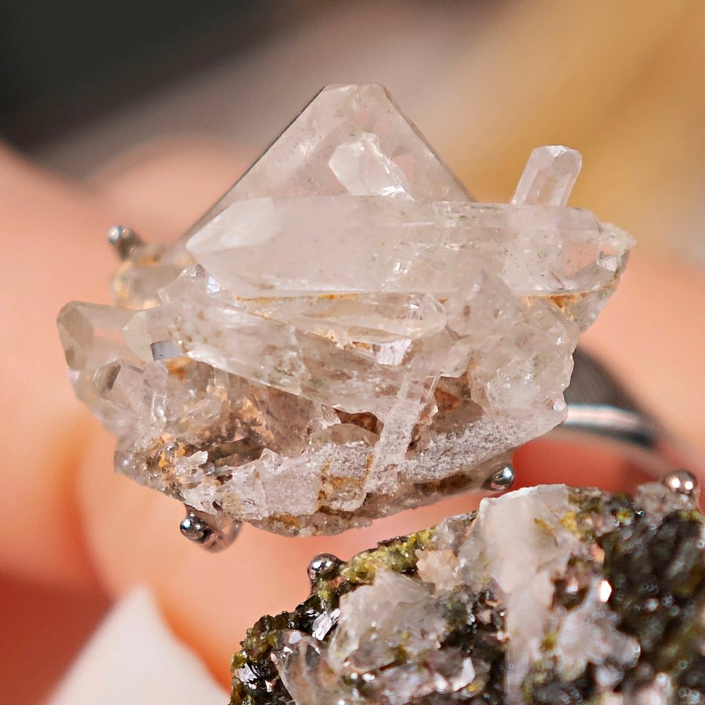 Raw Epidote&Crystal Adjustable Ring – Natural Mineral Stone Ring, Handmade One of a Kind Jewelry-056