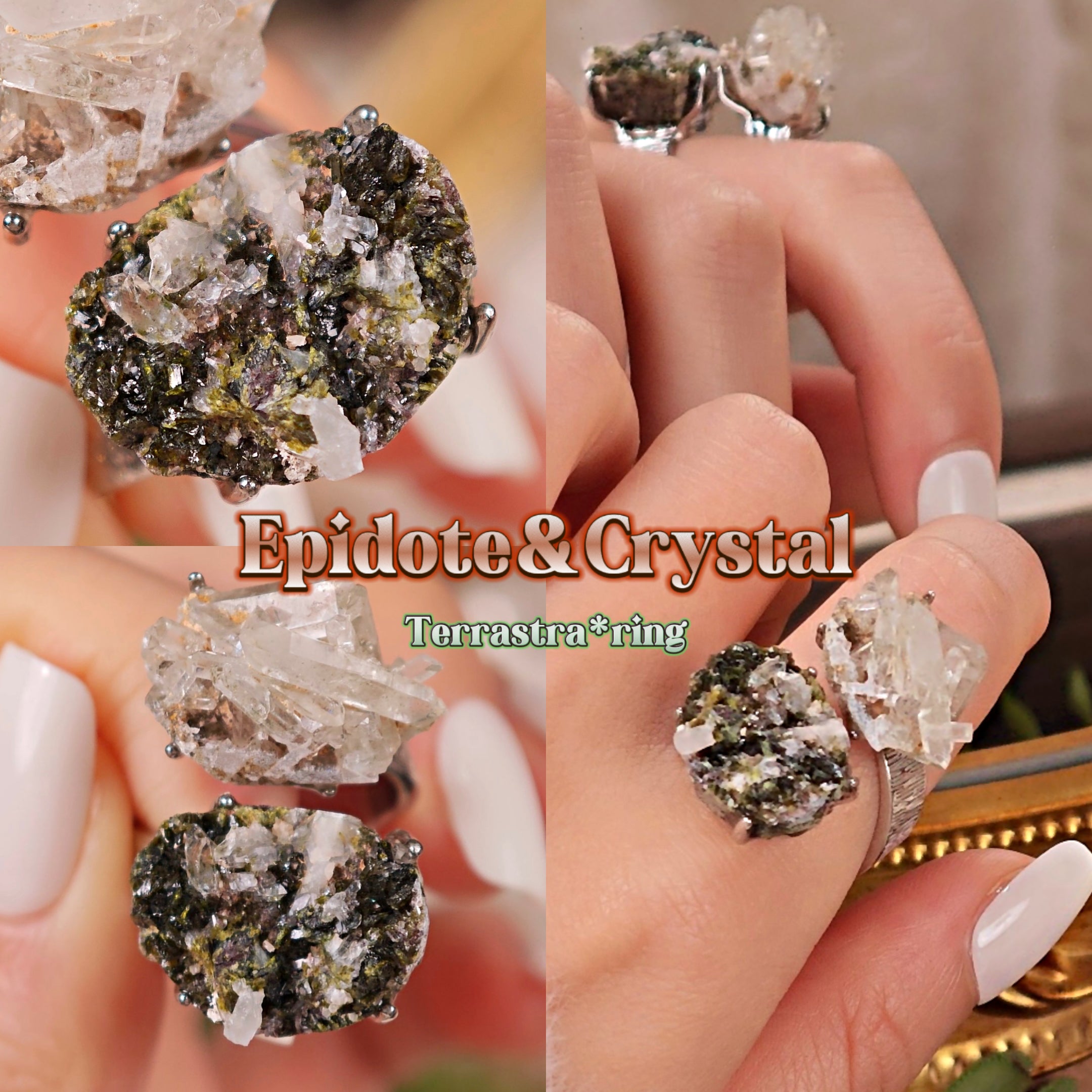 Raw Epidote&Crystal Adjustable Ring – Natural Mineral Stone Ring, Handmade One of a Kind Jewelry-056