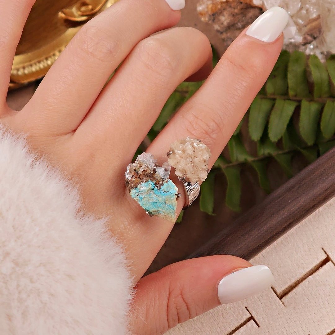 Raw Calcite&Garnet Adjustable Ring – Natural Mineral Stone Ring, Handmade One of a Kind Jewelry-057