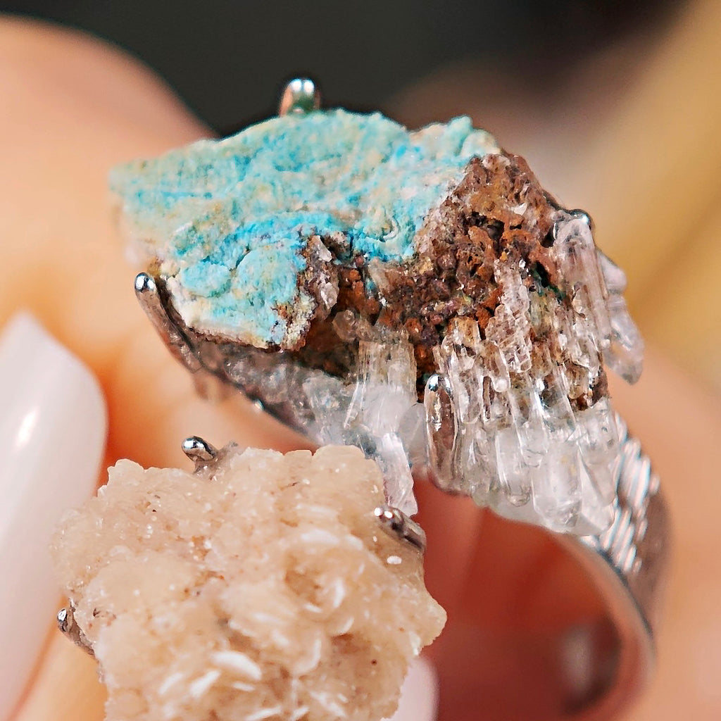 Raw Calcite&Garnet Adjustable Ring – Natural Mineral Stone Ring, Handmade One of a Kind Jewelry-057