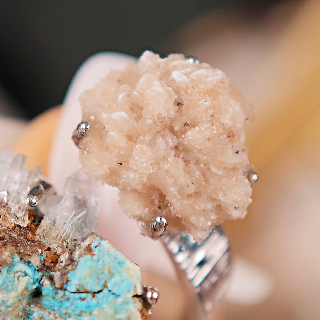 Raw Calcite&Garnet Adjustable Ring – Natural Mineral Stone Ring, Handmade One of a Kind Jewelry-057