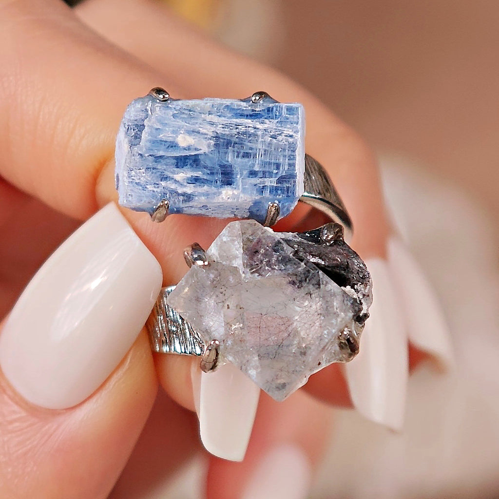 Raw Kyanite&Fluorite Adjustable Ring – Natural Mineral Stone Ring, Handmade One of a Kind Jewelry-058