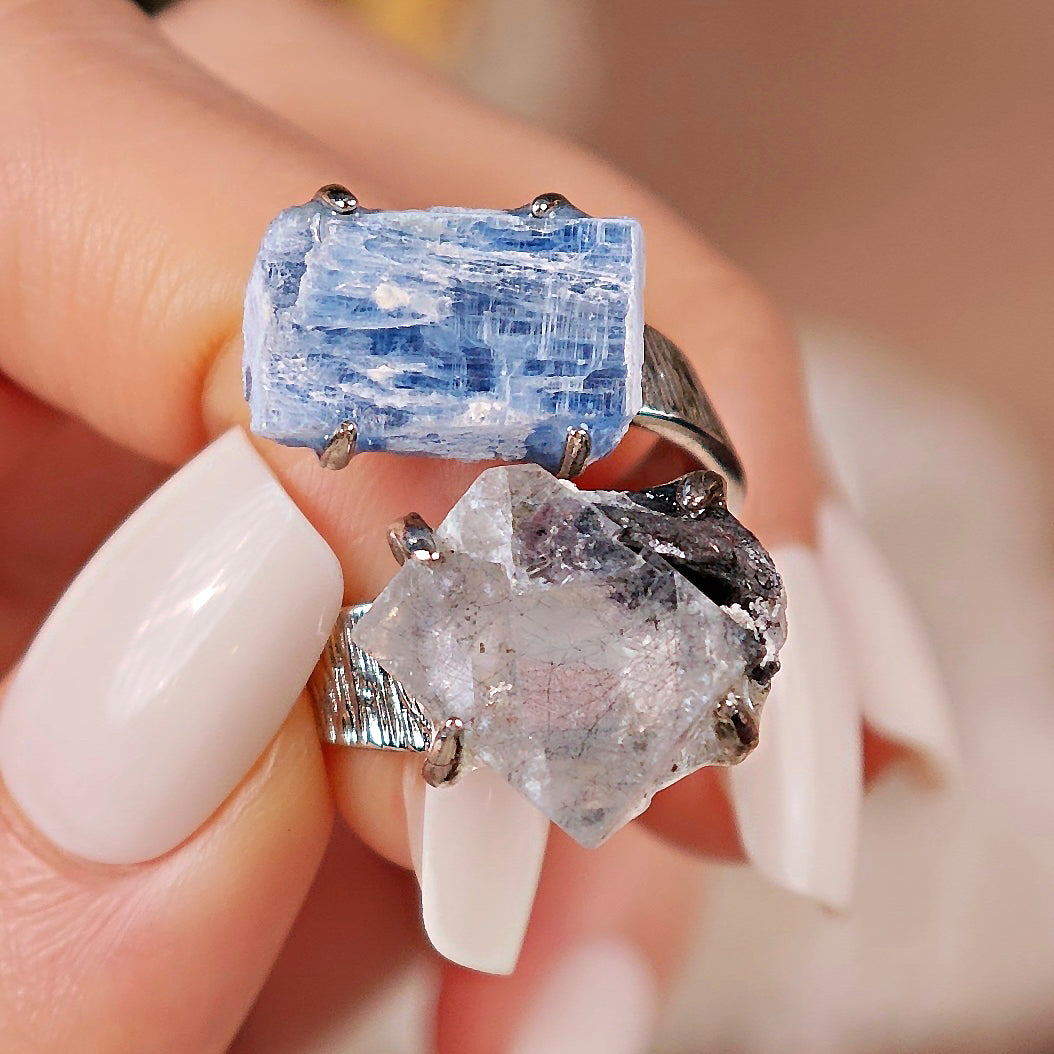 Raw Kyanite&Fluorite Adjustable Ring – Natural Mineral Stone Ring, Handmade One of a Kind Jewelry-058
