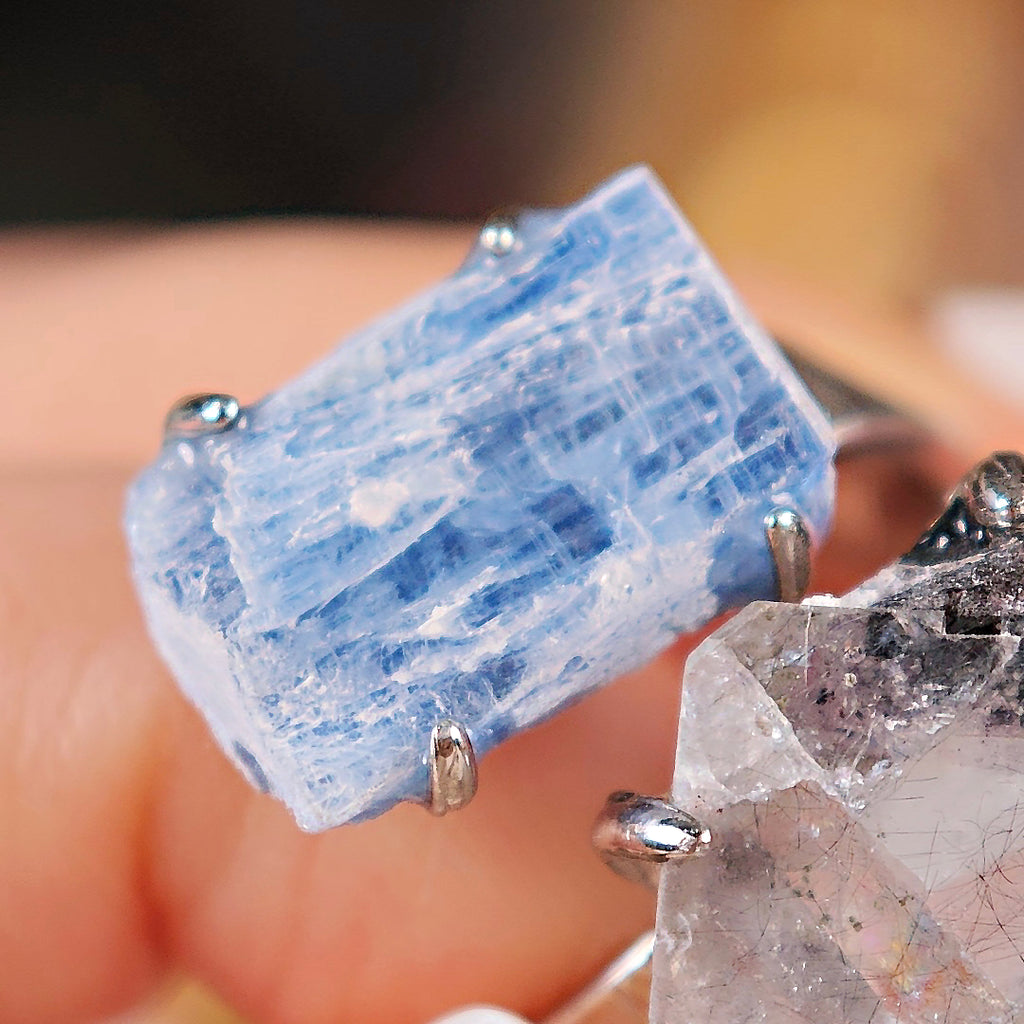 Raw Kyanite&Fluorite Adjustable Ring – Natural Mineral Stone Ring, Handmade One of a Kind Jewelry-058