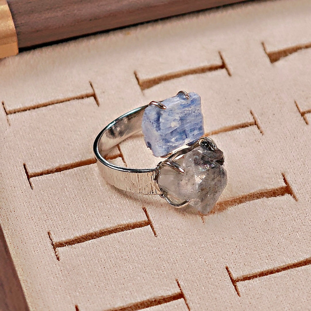 Raw Kyanite&Fluorite Adjustable Ring – Natural Mineral Stone Ring, Handmade One of a Kind Jewelry-058