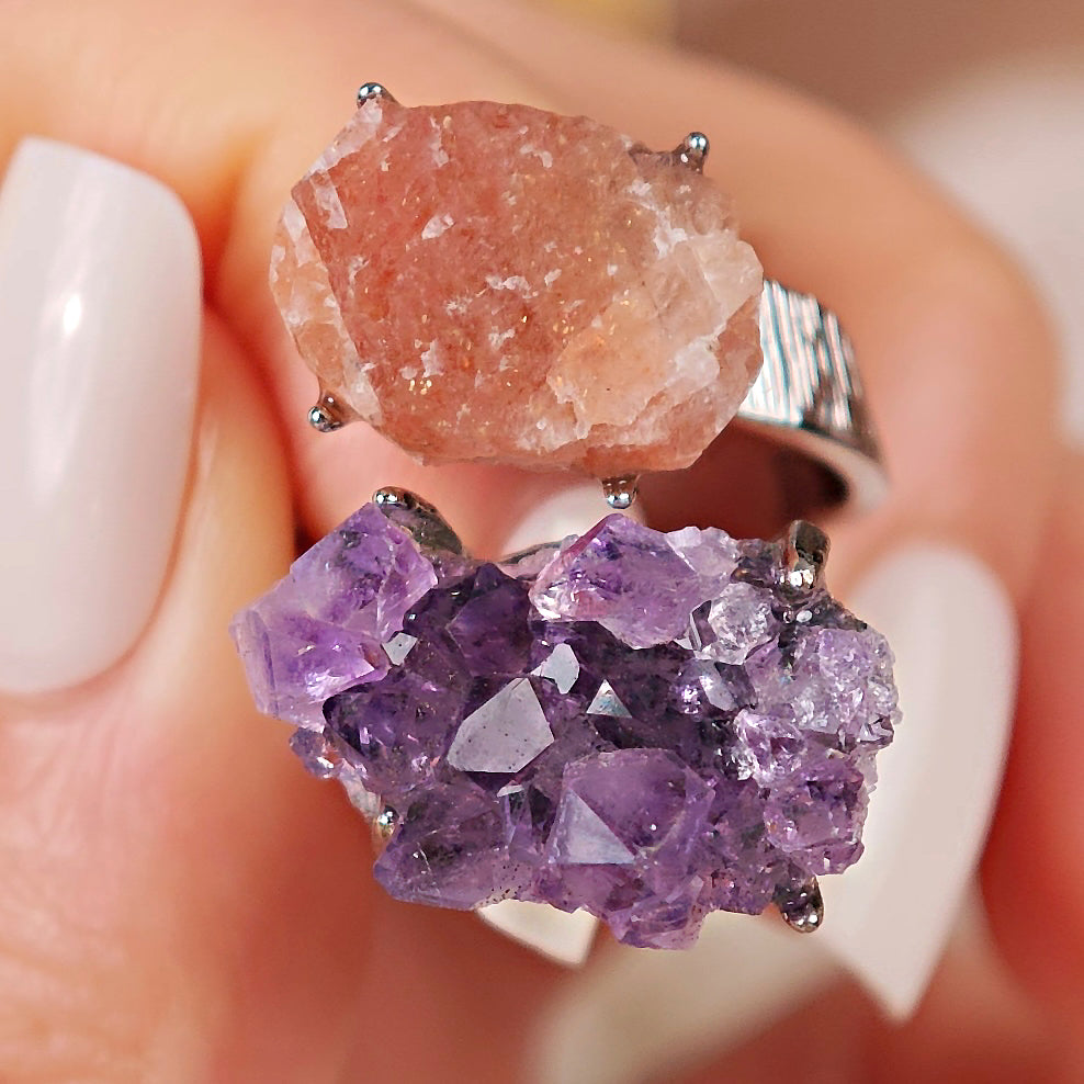 Raw Amethyst&Sunstone Adjustable Ring – Natural Mineral Stone Ring, Handmade One of a Kind Jewelry-059