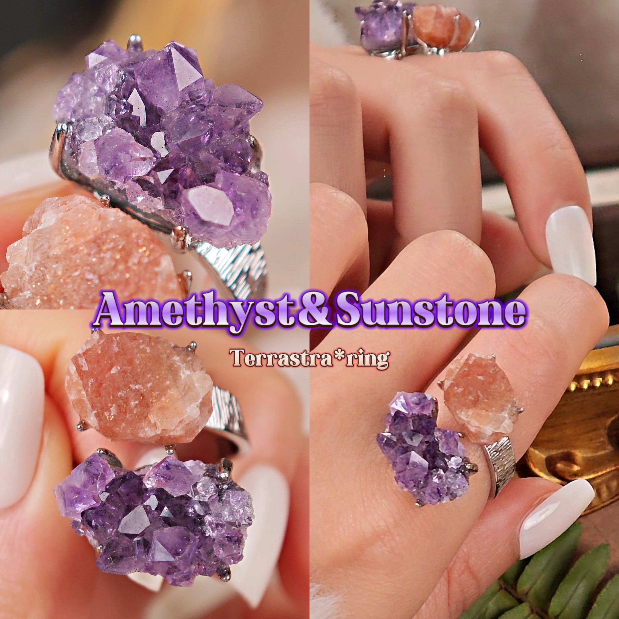 Raw Amethyst&Sunstone Adjustable Ring – Natural Mineral Stone Ring, Handmade One of a Kind Jewelry-059