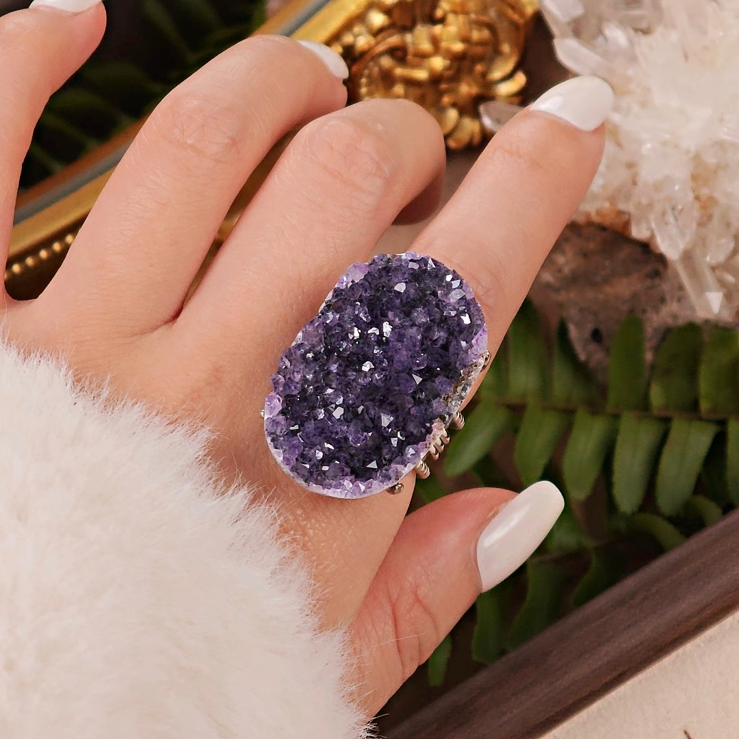 Raw Amethyst Adjustable Ring – Natural Mineral Stone Ring, Handmade One of a Kind Jewelry-060
