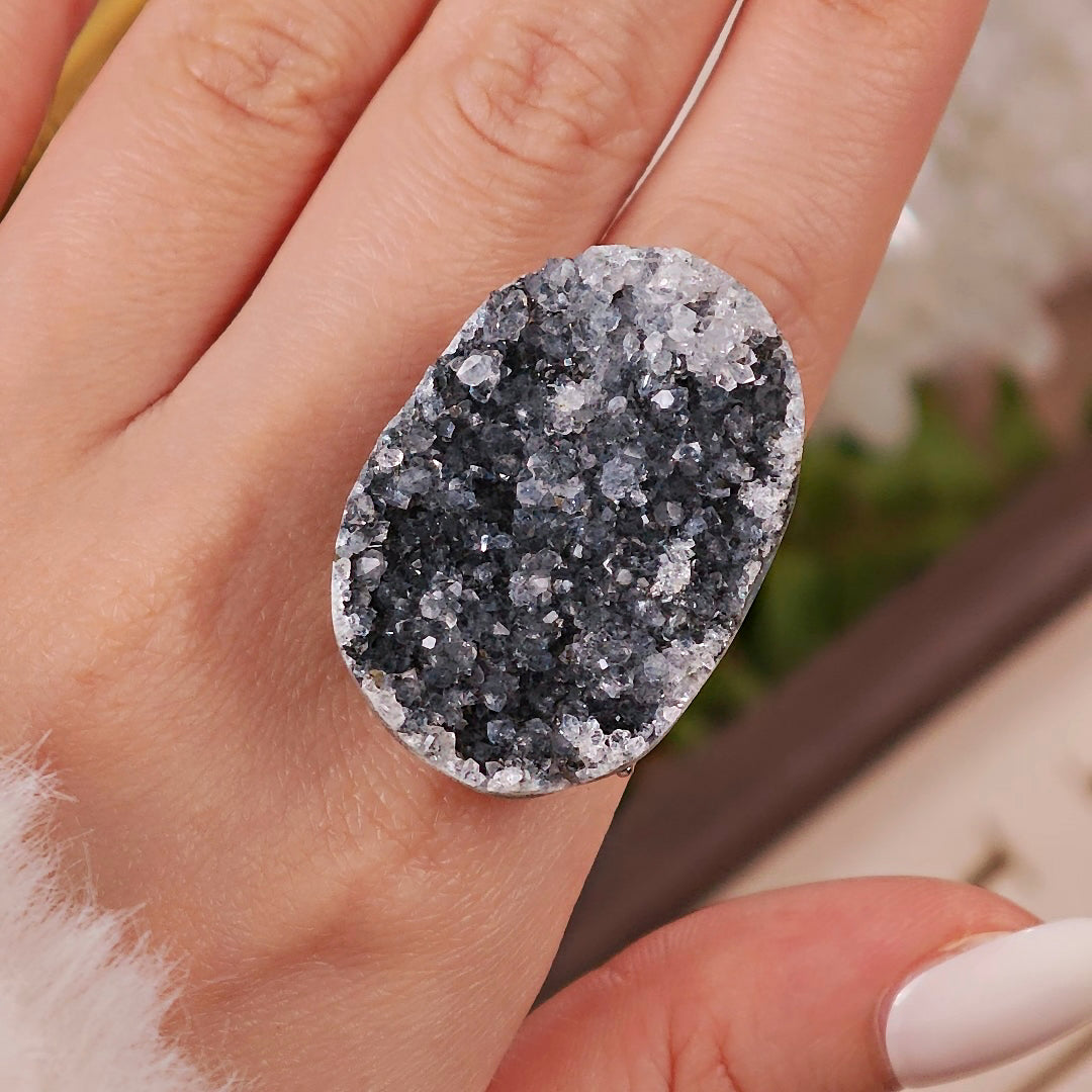 Raw Druzy Quartz Adjustable Ring – Natural Mineral Stone Ring, Handmade One of a Kind Jewelry-061