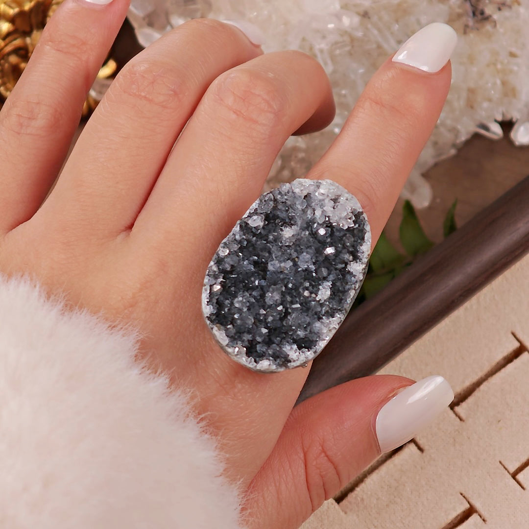 Raw Druzy Quartz Adjustable Ring – Natural Mineral Stone Ring, Handmade One of a Kind Jewelry-061