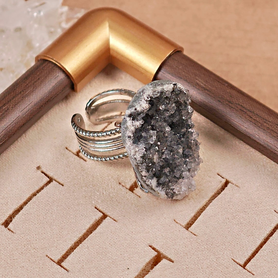 Raw Druzy Quartz Adjustable Ring – Natural Mineral Stone Ring, Handmade One of a Kind Jewelry-061