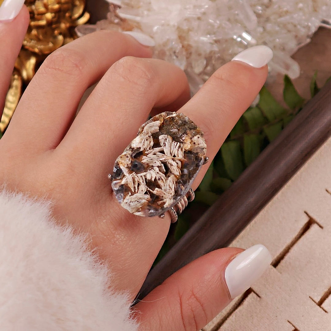 Raw Barite Adjustable Ring – Natural Mineral Stone Ring, Handmade One of a Kind Jewelry-063
