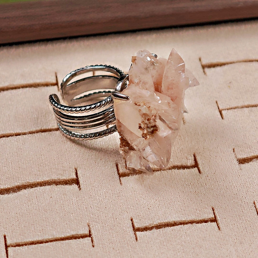 Raw Pink Calcite Adjustable Ring – Natural Mineral Stone Ring, Handmade One of a Kind Jewelry-064