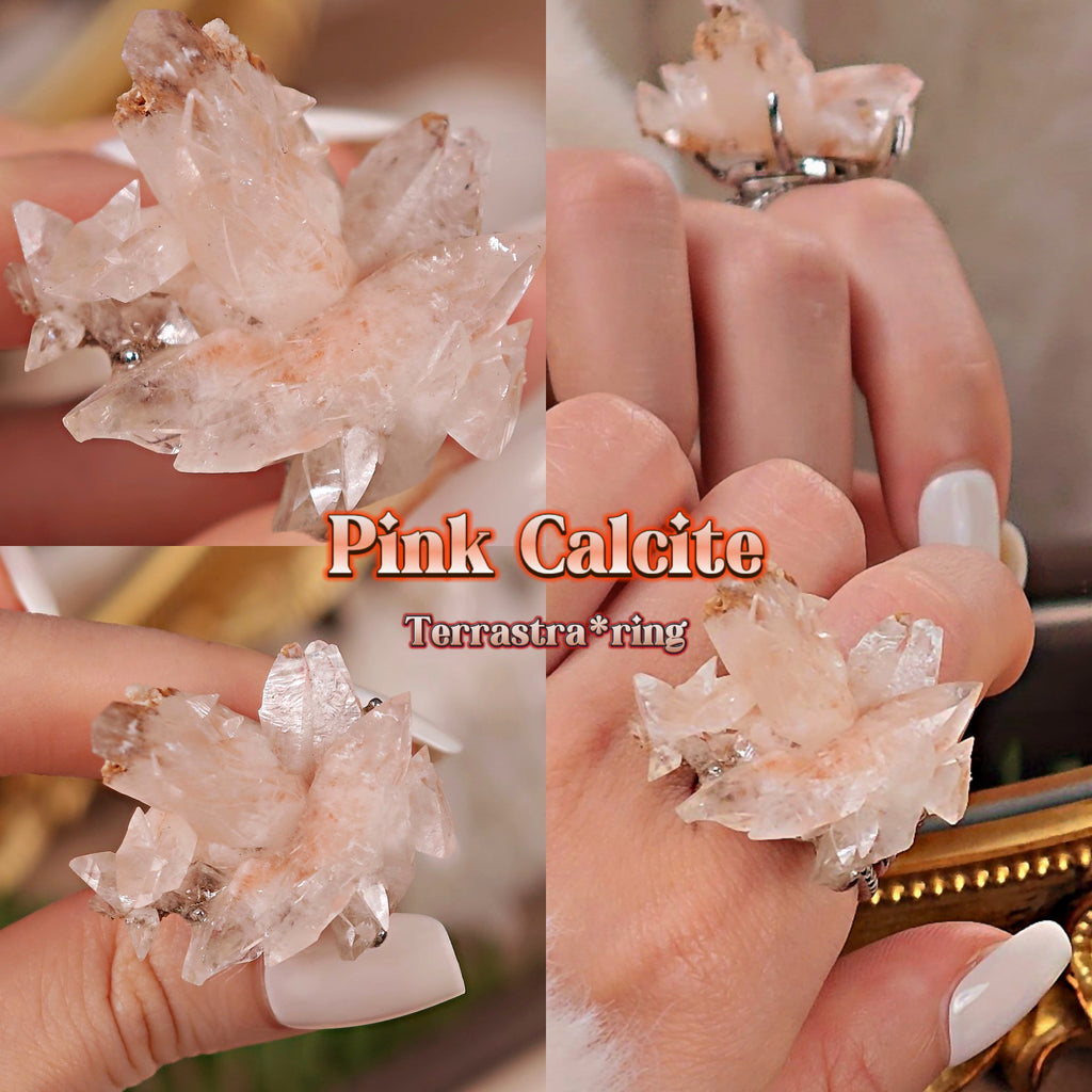 Raw Pink Calcite Adjustable Ring – Natural Mineral Stone Ring, Handmade One of a Kind Jewelry-064