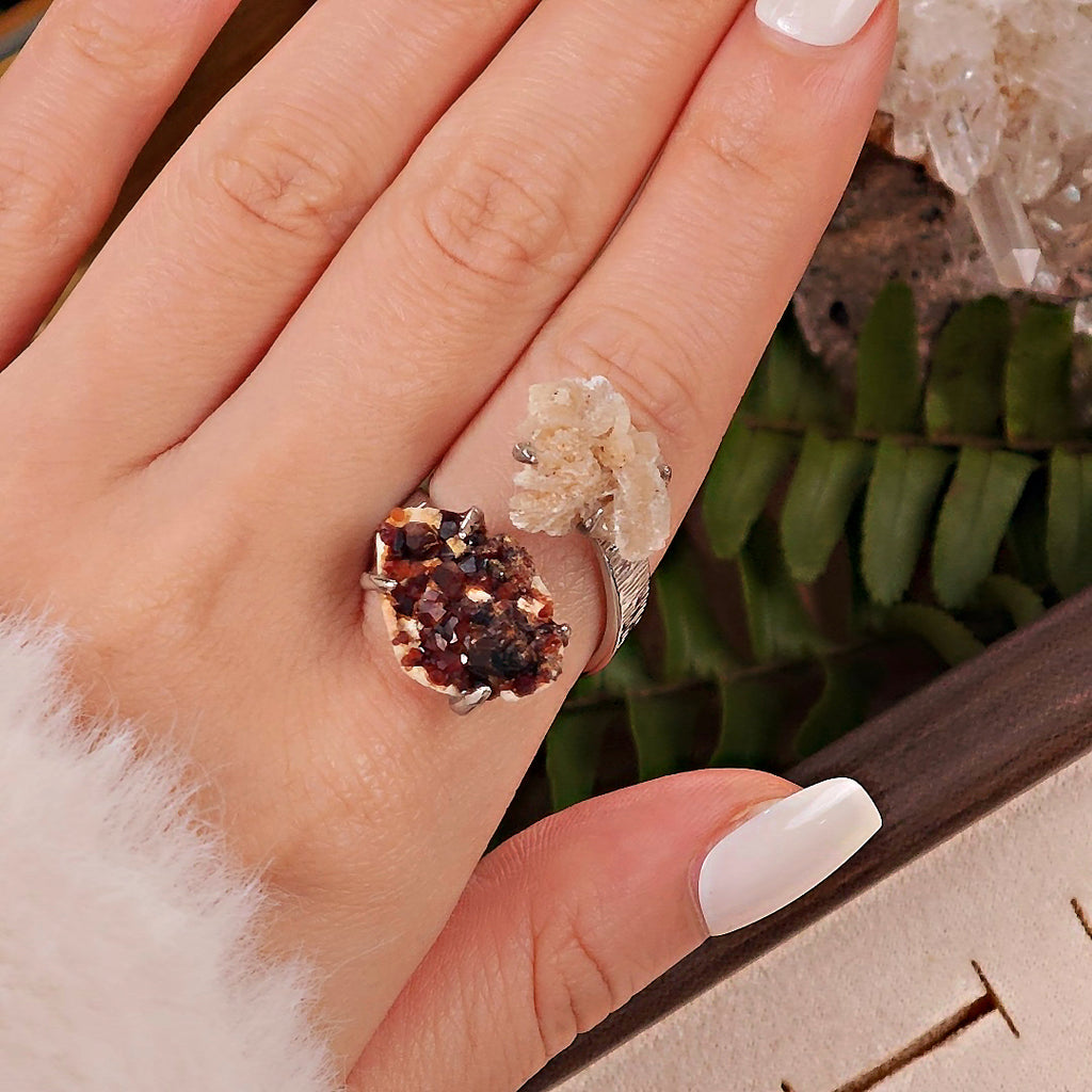 Raw Garnet&Calcite Adjustable Ring – Natural Mineral Stone Ring, Handmade One of a Kind Jewelry-066