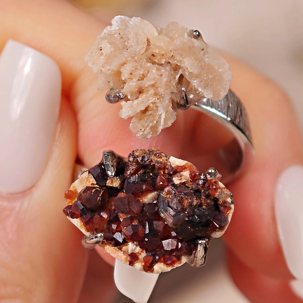 Raw Garnet&Calcite Adjustable Ring – Natural Mineral Stone Ring, Handmade One of a Kind Jewelry-066