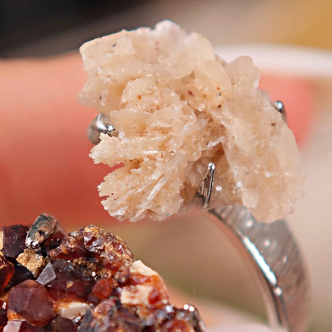 Raw Garnet&Calcite Adjustable Ring – Natural Mineral Stone Ring, Handmade One of a Kind Jewelry-066