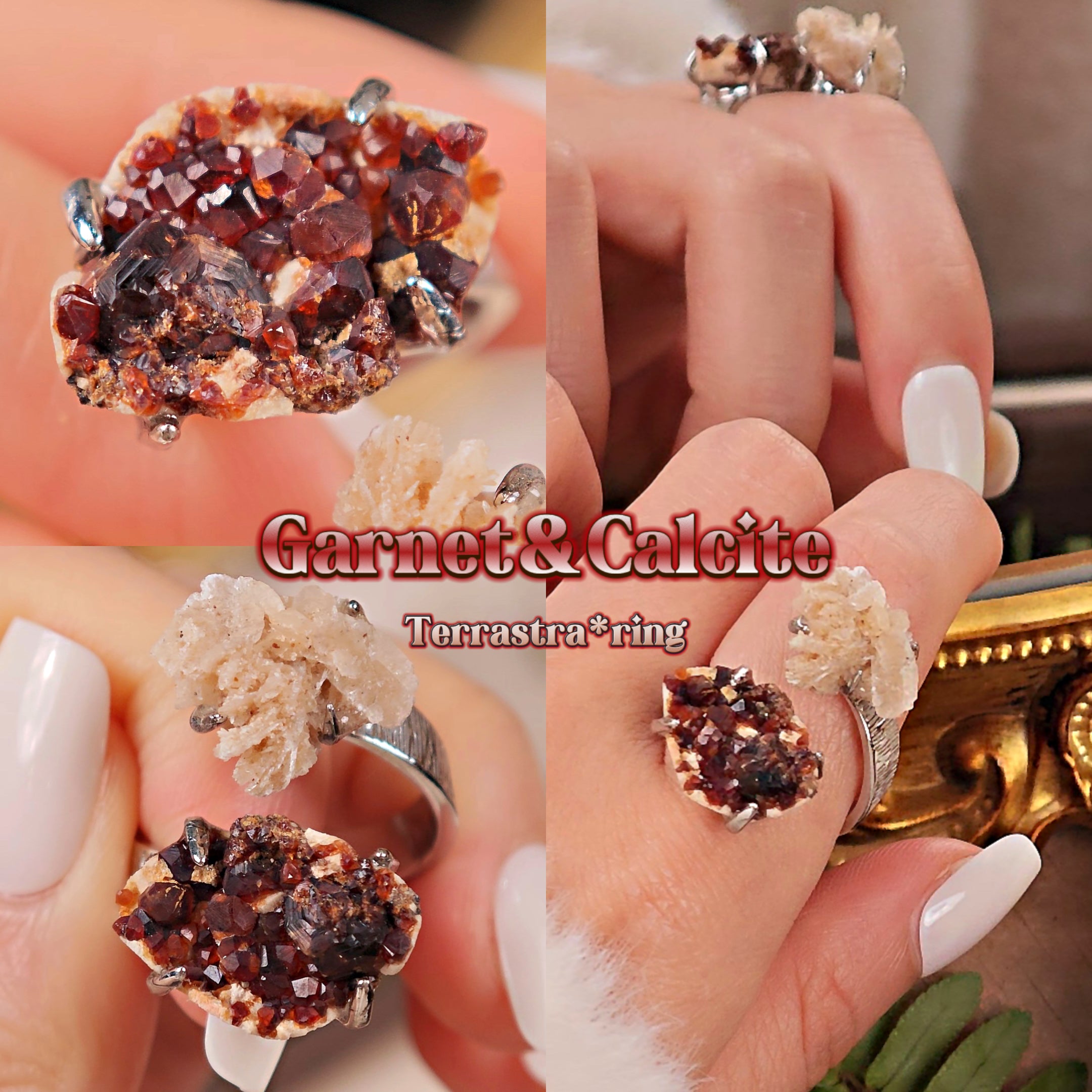 Raw Garnet&Calcite Adjustable Ring – Natural Mineral Stone Ring, Handmade One of a Kind Jewelry-066