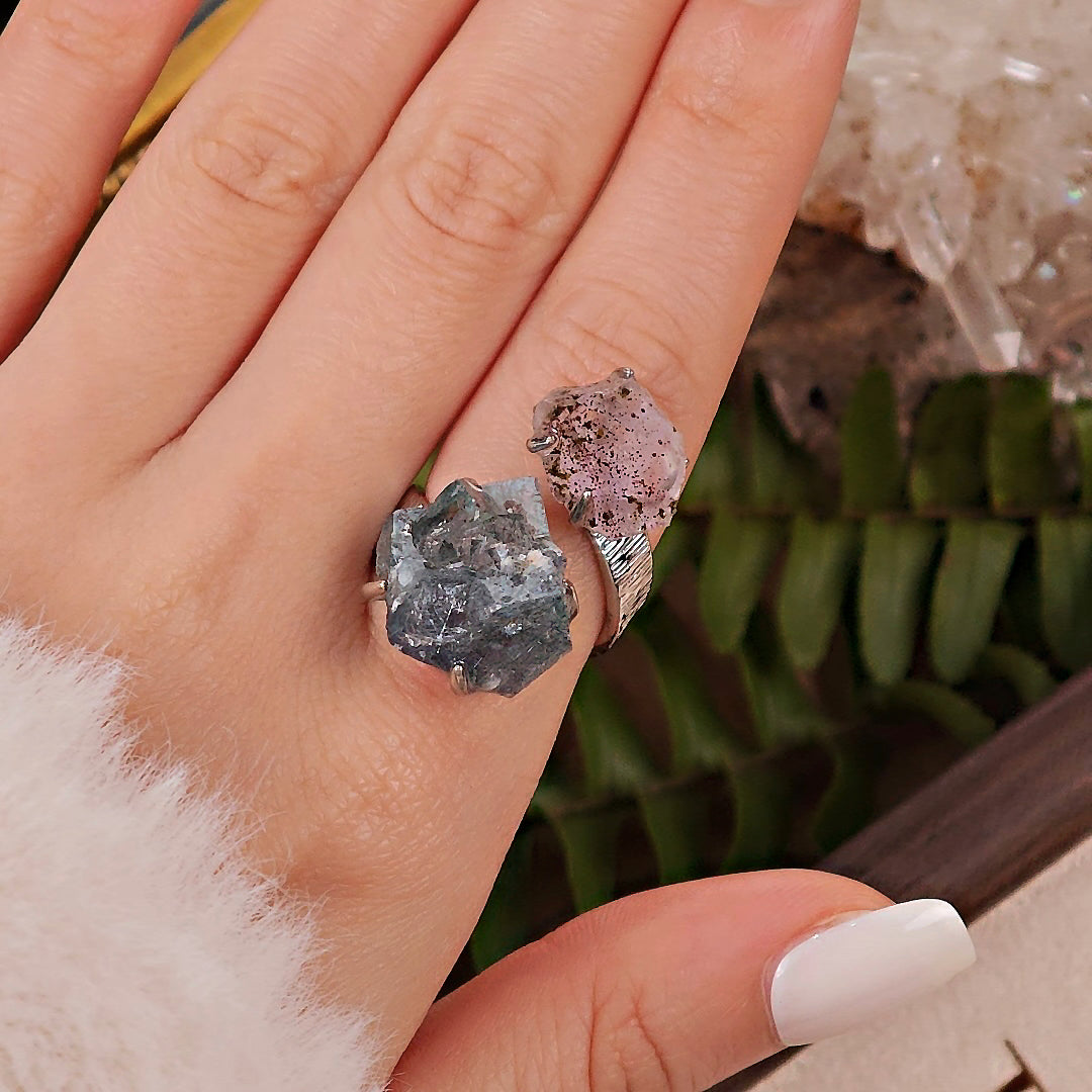 Raw Fluorite&Garden Quartz Adjustable Ring – Natural Mineral Stone Ring, Handmade One of a Kind Jewelry-067