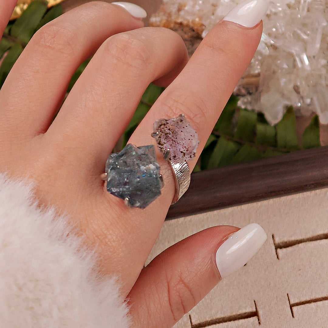 Raw Fluorite&Garden Quartz Adjustable Ring – Natural Mineral Stone Ring, Handmade One of a Kind Jewelry-067