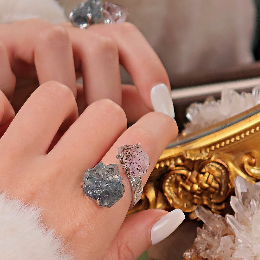 Raw Fluorite&Garden Quartz Adjustable Ring – Natural Mineral Stone Ring, Handmade One of a Kind Jewelry-067