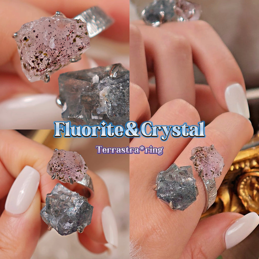 Raw Fluorite&Garden Quartz Adjustable Ring – Natural Mineral Stone Ring, Handmade One of a Kind Jewelry-067