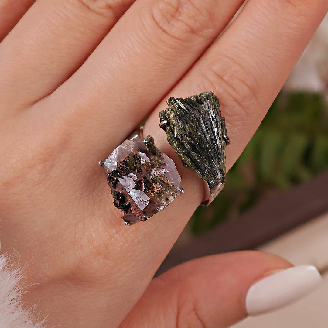 Raw Quartz&Green Tourmaline Adjustable Ring – Natural Mineral Stone Ring, Handmade One of a Kind Jewelry-068