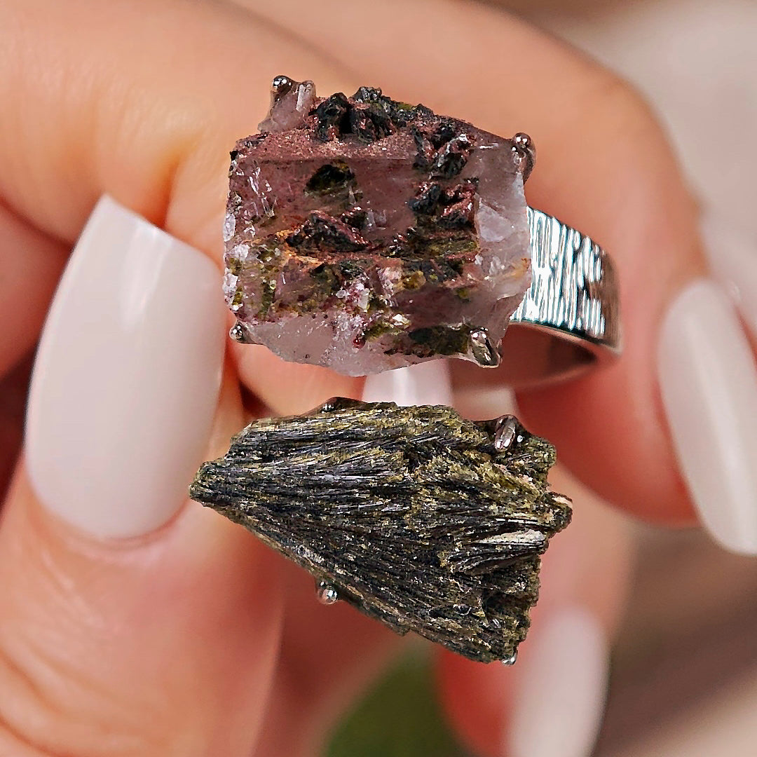 Raw Quartz&Green Tourmaline Adjustable Ring – Natural Mineral Stone Ring, Handmade One of a Kind Jewelry-068