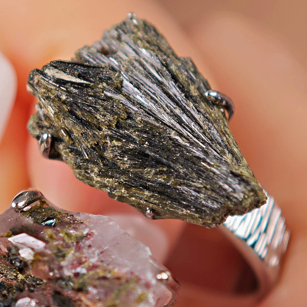 Raw Quartz&Green Tourmaline Adjustable Ring – Natural Mineral Stone Ring, Handmade One of a Kind Jewelry-068