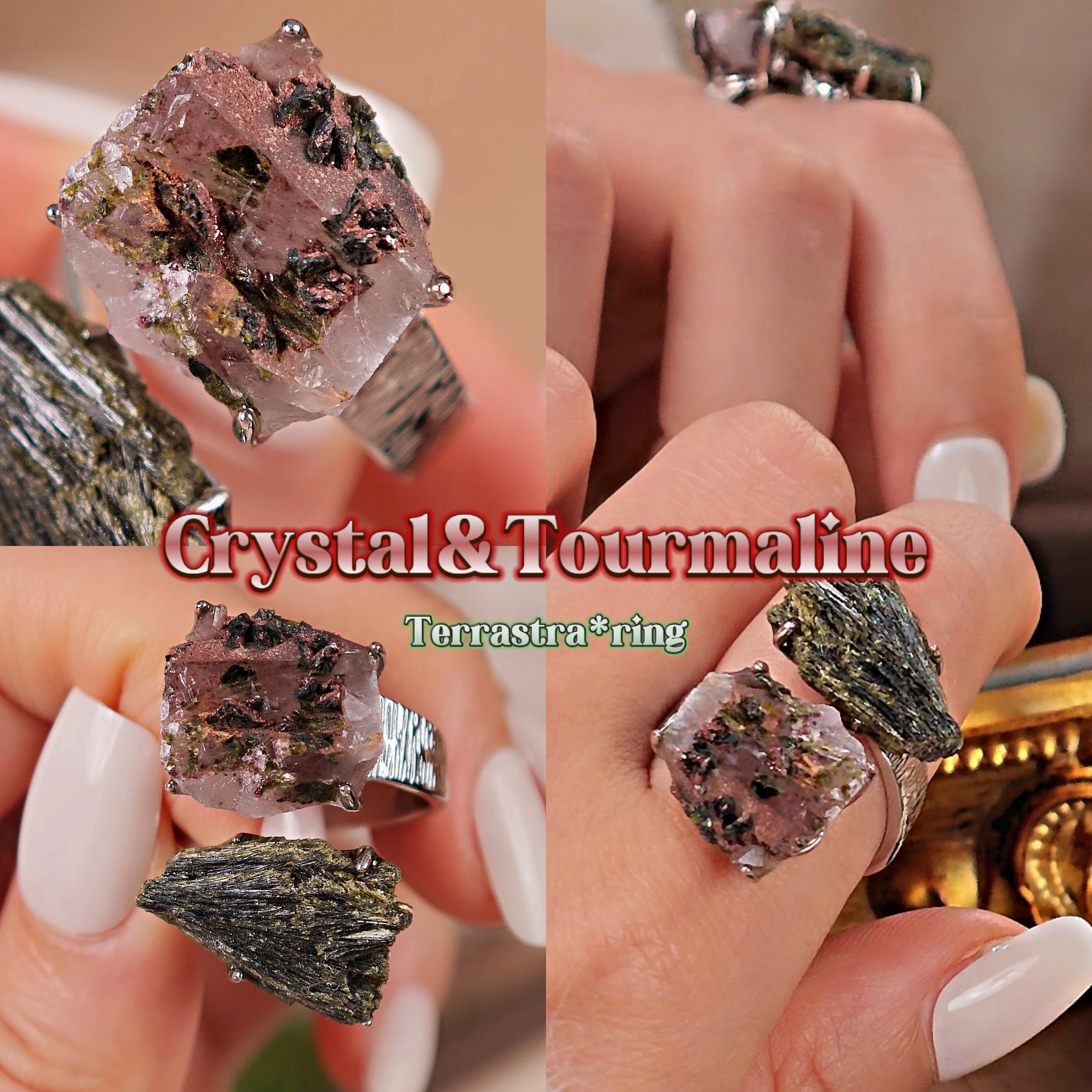 Raw Quartz&Green Tourmaline Adjustable Ring – Natural Mineral Stone Ring, Handmade One of a Kind Jewelry-068