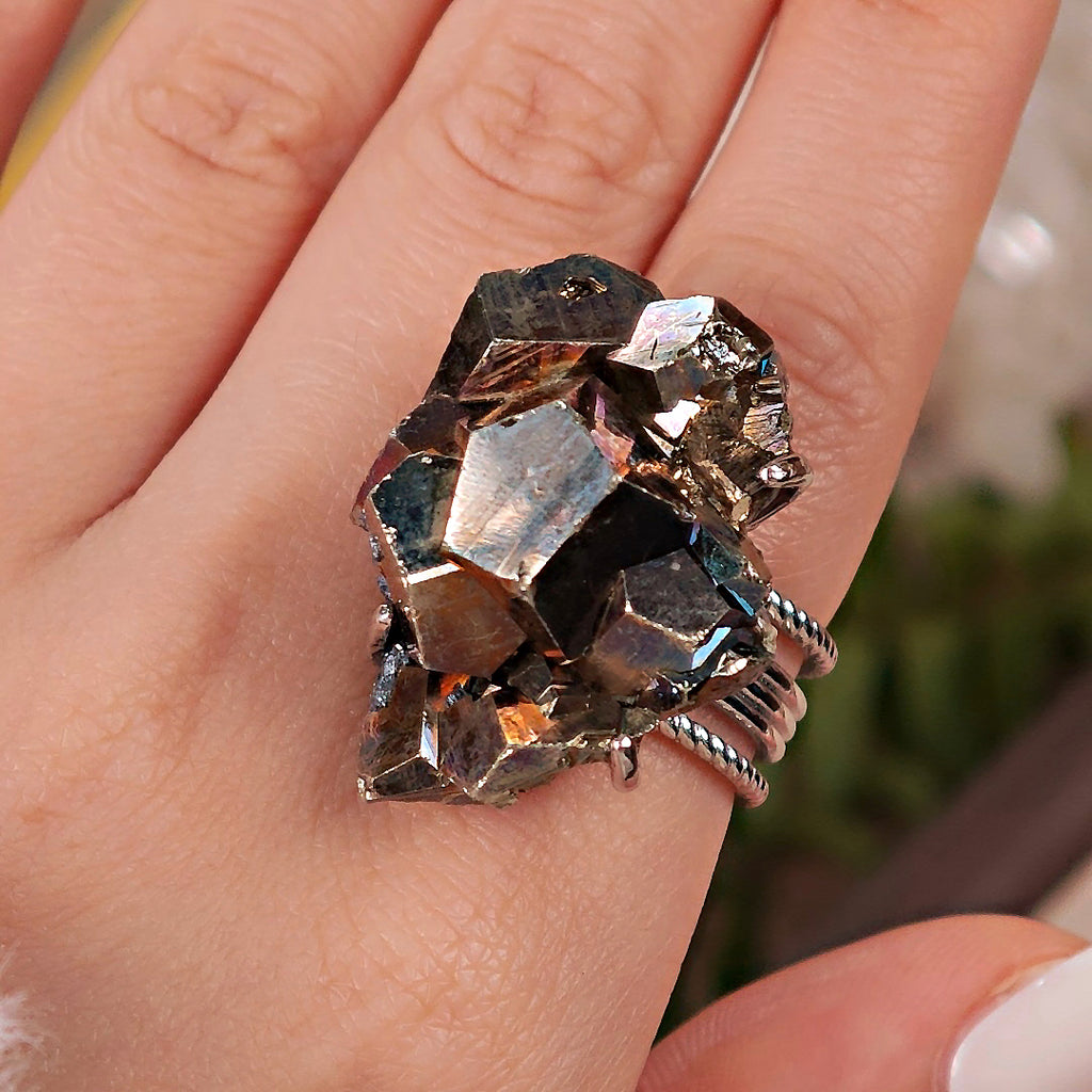 Raw Chalcopyrite Adjustable Ring – Natural Mineral Stone Ring, Handmade One of a Kind Jewelry-069