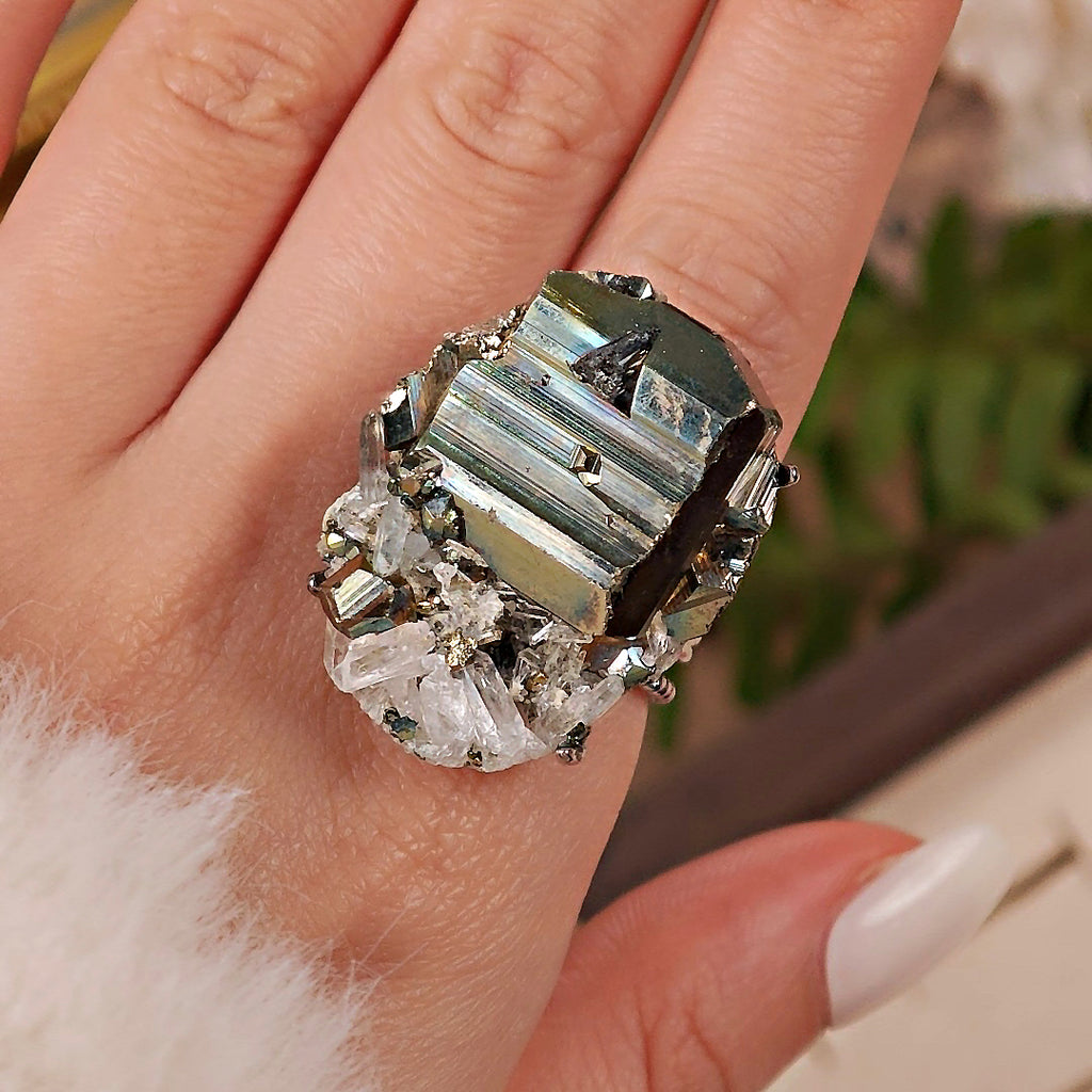 Raw Chalcopyrite Adjustable Ring – Natural Mineral Stone Ring, Handmade One of a Kind Jewelry-070