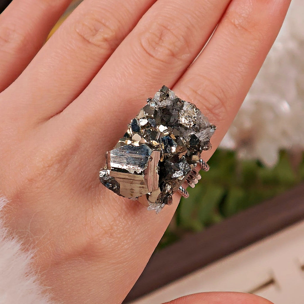 Raw Chalcopyrite Adjustable Ring – Natural Mineral Stone Ring, Handmade One of a Kind Jewelry-071