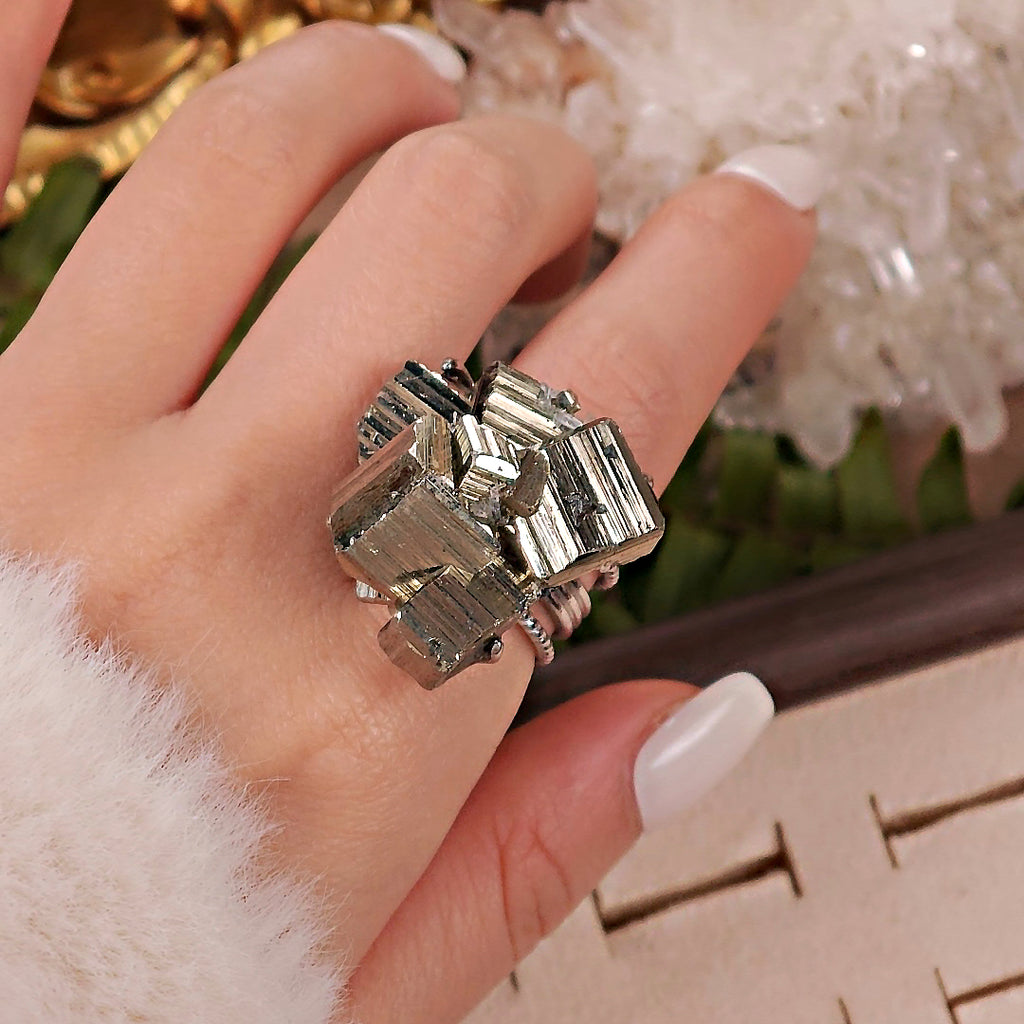 Raw Chalcopyrite Adjustable Ring – Natural Mineral Stone Ring, Handmade One of a Kind Jewelry-072