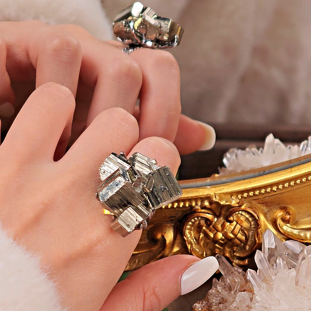 Raw Chalcopyrite Adjustable Ring – Natural Mineral Stone Ring, Handmade One of a Kind Jewelry-072