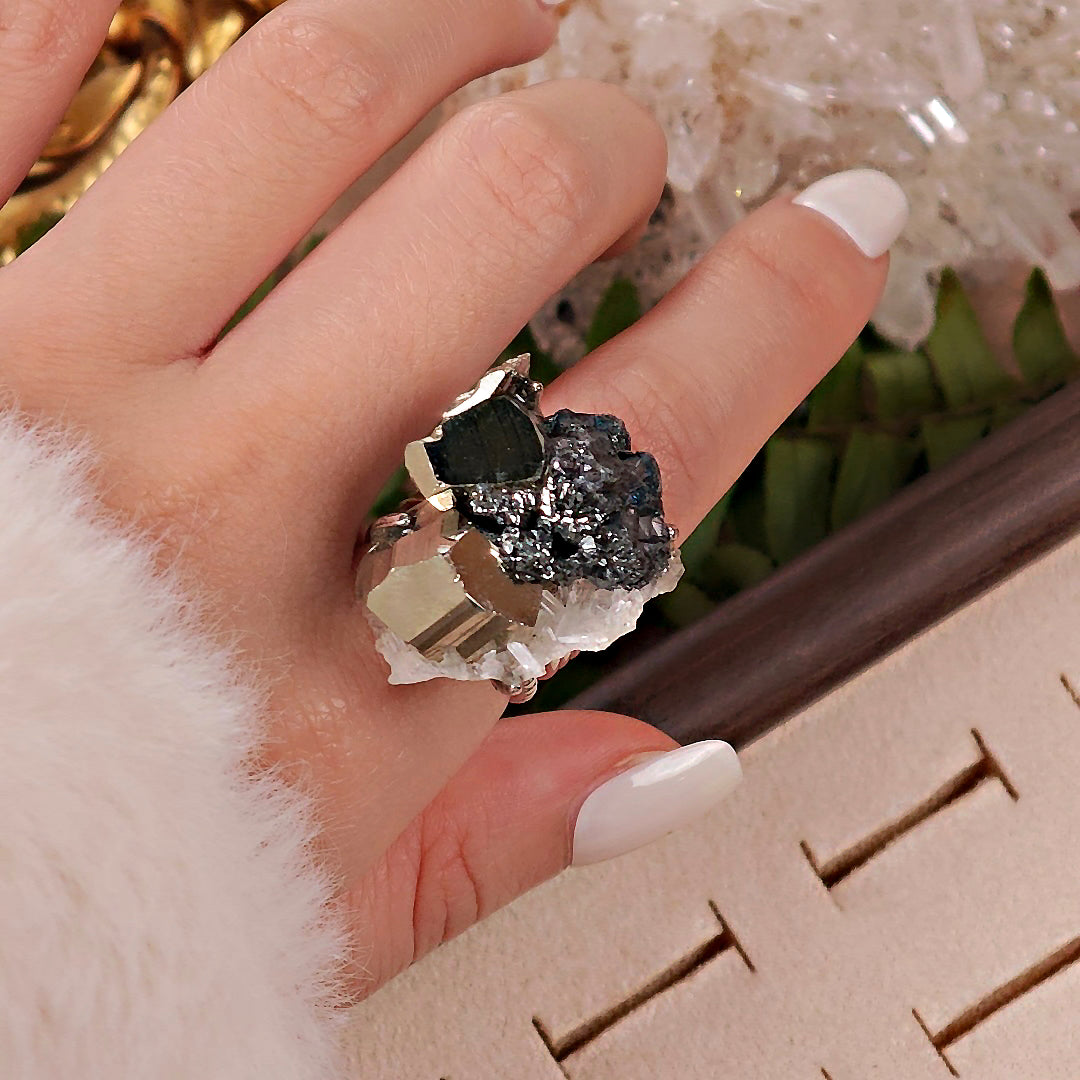 Raw Chalcopyrite Adjustable Ring – Natural Mineral Stone Ring, Handmade One of a Kind Jewelry-073