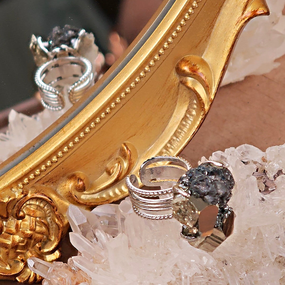 Raw Chalcopyrite Adjustable Ring – Natural Mineral Stone Ring, Handmade One of a Kind Jewelry-073